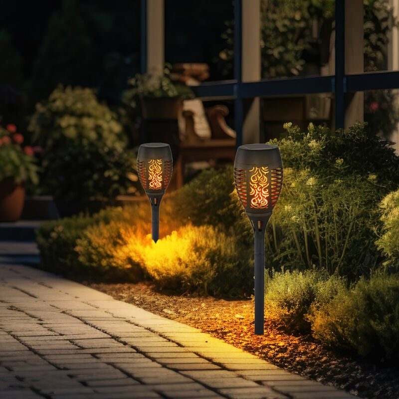 Lampe solaire enfichable effet feu, lampe solaire d'extérieur noire, piquet de terre, perforations décoratives, led blanc chaud, DxH 9,5x49,5 cm, lot