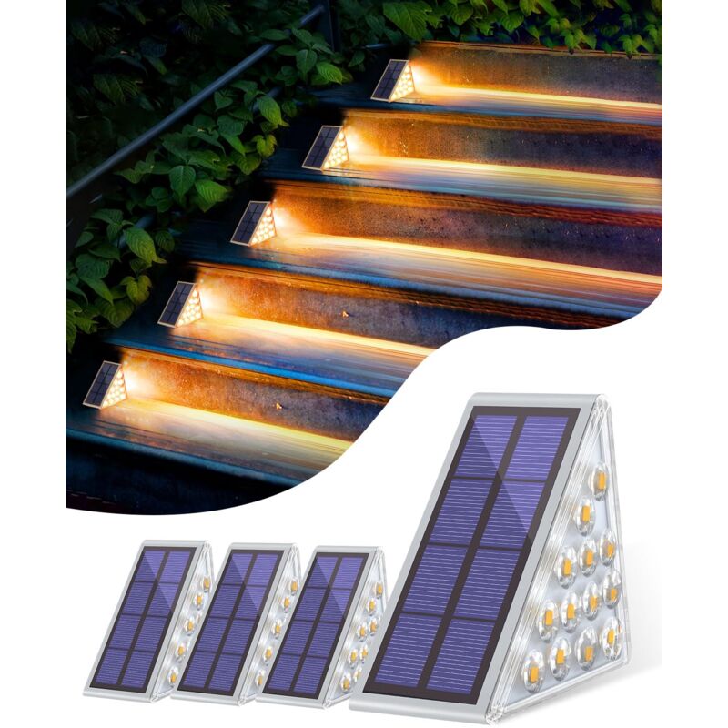 Lampe Solaire Exterieur - 4 Pièces Lampes Solaires pour Escaliers - 13 LEDs Blanc Chaud - IP65 Éclairage étanche pour Jardin, Patio, Garage, Marche,