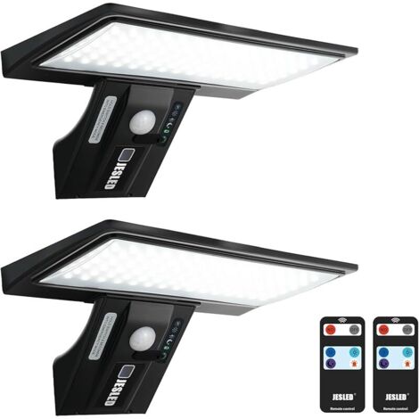 Lampe Solaire Exterieur avec Télécommande, 2 Pack 90 LED 2600mAh Détecteur de Mouvement Éclairage Étanche Sans Fil Lampe de Sécurité Mural pour Jardin(Pile Remplaçable)