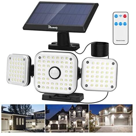Lampe Solaire Extérieur Detecteur de Mouvement, 112 LEDs Lumière Solaire Extérieure avec Télécommande, IP65 Étanche Projecteur Solaire avec Câble de 5 m, 3 Modes Spot Solaire pour Jardin