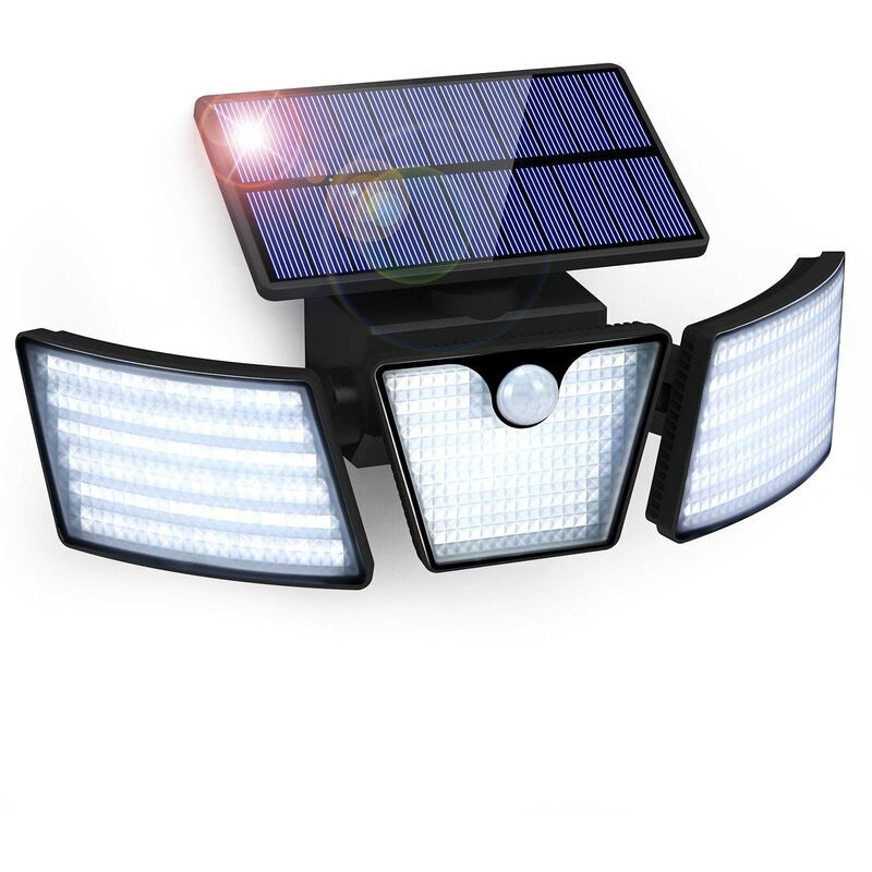 Lampe Solaire Extérieur Détecteur de Mouvement 265 led Lumière Solaire IP65 Étanche 3 Têtes Rotation 360° Lumière Murale Spot Mural Extérieur Étanche