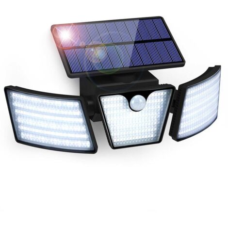 Lampe Solaire Extérieur Détecteur de Mouvement 265 LED Lumière Solaire IP65 Étanche 3 Têtes Rotation 360° Lumière Murale Spot Mural Extérieur Étanche pour Jardin Garage Allée Entrée