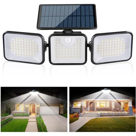 GALOZZOIT Lampe Solaire Exterieur Detecteur de Mouvement, 3 Têtes 180 LED Lumiere Solaire Exterieur IP65 Étanche Eclairage Exterieur Solaire 3 Modes Spot Projecteur LED Solaire Jardin [Classe énergétique A+++]