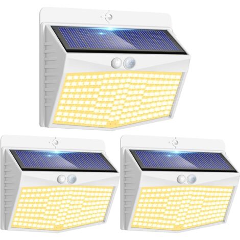Lampe Solaire Exterieur Detecteur de Mouvement Lot de 3, LED Lumiere Extérieur avec Détecteur, 3 Modes/etanche Spot Solaire, Eclairage Extérieure pour Jardin Murale Garage, Blanc Chaud