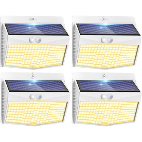 Lampe Solaire Exterieur Detecteur de Mouvement Lot de 4, LED Lumiere Extérieur avec Détecteur, 3 Modes/etanche Spot Solaire, Eclairage Extérieure pour Jardin Murale Garage, Blanc Chaud