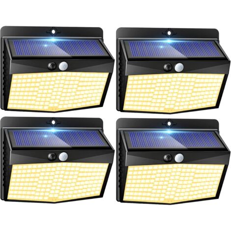 Lampe Solaire Exterieur Detecteur de Mouvement Lot de 4, LED Lumiere Extérieur avec Détecteur, 3 Modes/etanche Spot Solaire, Eclairage Extérieure pour Jardin Murale Garage, Blanc Chaud