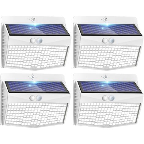 Lampe Solaire Exterieur Detecteur de Mouvement Lot de 4, LED Lumiere Extérieur avec Détecteur, 3 Modes/etanche Spot Solaire, Eclairage Extérieure pour Jardin Murale Garage, Blanc Froid