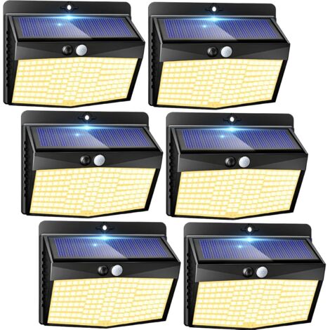 Lampe Solaire Exterieur Detecteur de Mouvement Lot de 6, LED Lumiere Extérieur avec Détecteur, 3 Modes/etanche Spot Solaire, Eclairage Extérieure pour Jardin Murale Garage, Blanc Chaud
