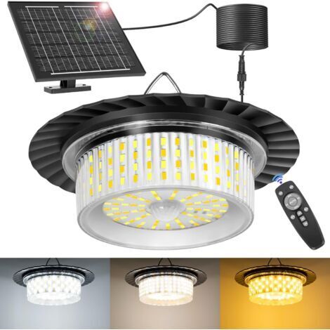 Lampe Solaire Extérieur Intérieur, 3 Couleurs Eclairage Solaire Exterieur avec Détecteur de Mouvement, 244 LED Éclairage 360°,3 Modes, Télécommande et Minuterie, pour Jardin, Garage et Tonnelle