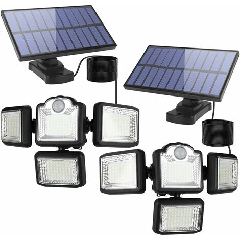 Lampe solaire exterieur detecteur de mouvement 224 LED, 3 Têtes Projecteur solaire  exterieur, 270 ° eclairage exterieur IP65 Étanche Lumière Extérieure 4  Modes avec Câble de 5M avec Télécommande