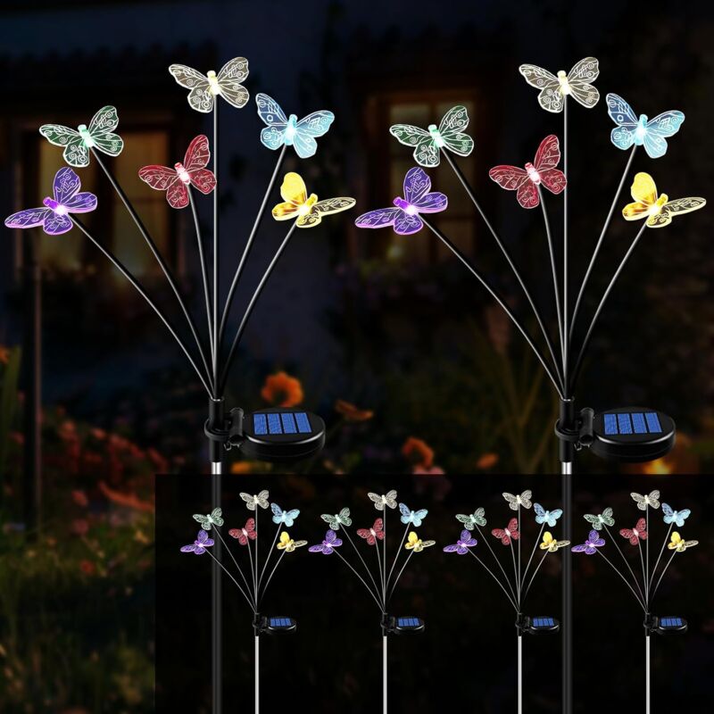 Lampe Solaire Exterieur Jardin, 4 Pièces 24 LED Lumière en Papillon, Décoration Jardin Extérieur Solaire Étanche, Lampes Solaire Deco pour Patio Cour