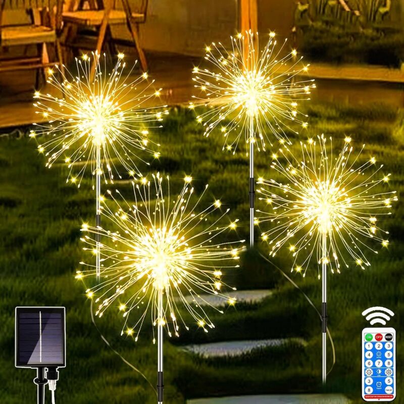 Lampe Solaire Exterieur Jardin 4 x 120 LED Feu d'artifice Solaire avec Télécommande, 8 Modes Étanche Éclairage Extérieur Solaire de Pissenlit pour