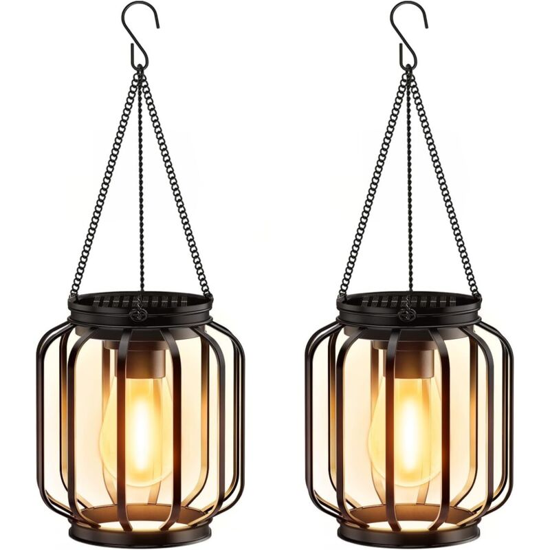 Lampe Solaire Exterieur Jardin Suspendue, 2 Pièces Lanterne Solaire Exterieur avec Ampoule LED, IP65 Étanche Métal lumiere solaire exterieur
