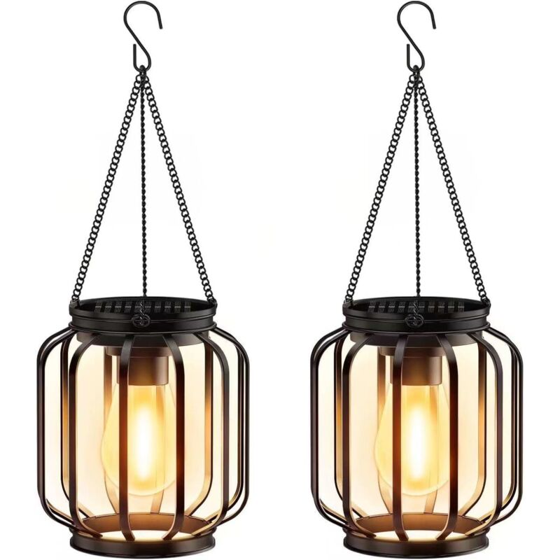 Lampe Solaire Exterieur Jardin Suspendue, 2 Pièces Lanterne Solaire Exterieur avec Ampoule LED, IP65 Étanche Métal lumiere solaire exterieur pour