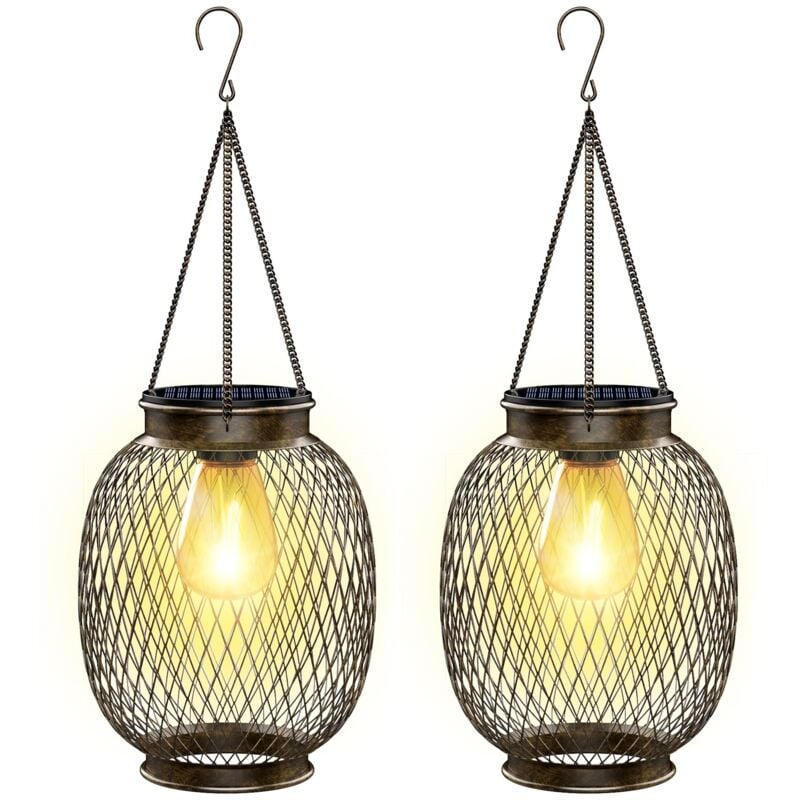 Lampe Solaire Exterieur Jardin Suspendue, IP65 Étanche Lanterne Solaire Exterieur 2 Pièces avec Ampoule led Lampe pour Porche Cour Jardin
