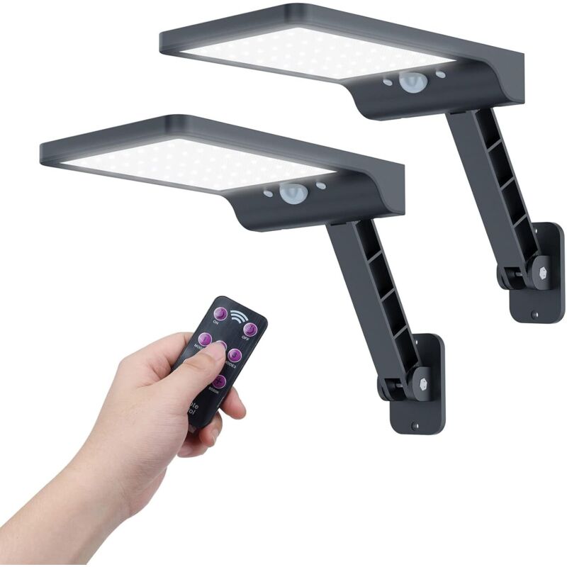 Lampe Solaire Exterieur, Lumiere LED avec Détecteur de Mouvement avec 3 Modes Réglables IP65 Étanche Puissant Lampadaires avec Télécommande(2 pcs),