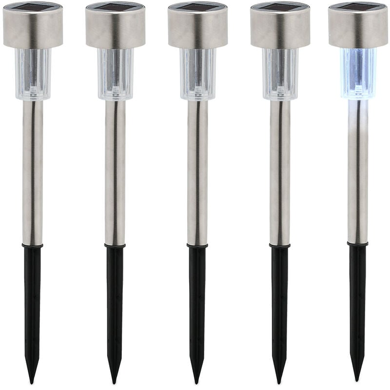 Lampe solaire, extérieur, set de 5, blanche froide, étanche, détecteur crépusculaire, 31x4,5 cm, argenté/noir - Relaxdays