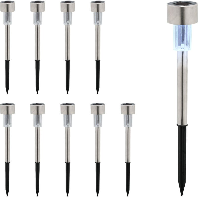 Lampe solaire, extérieur, set de 10, blanche froide, étanche, détecteur crépusculaire, 31x4,5 cm, argenté/noir - Relaxdays