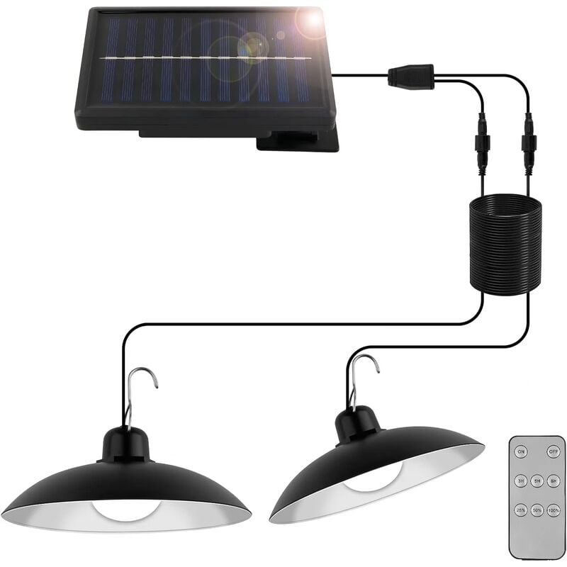 Lampe Solaire Extérieur Suspendue, Suspension solaire à double tête vec Télécommande 3 Luminosité Mode IP44 étanche avec câble de 3M pour Jardin