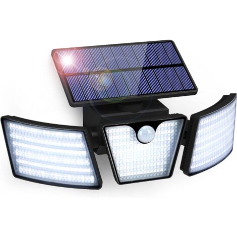 Lampe Solaire Extérieure avec Détecteur de Mouvement 265LED, IP65 étanche, 3 têtes rotatives 360°, pour jardin, garage, allée [Classe énergétique A++]