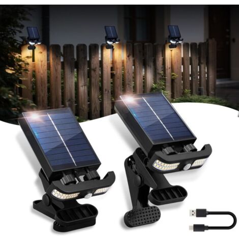 Lampe Solaire Extérieure avec Détecteur de Mouvement,Design Clip,Charge Solaire et USB,Indicateur LED pour Niveau de Batterie et Mode,3 Modes,IP55 Étanche,pour Balcon,Gouttières,Patio(Lot de 2)