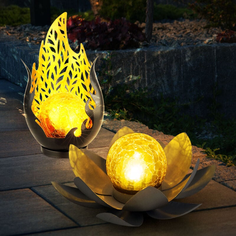 Lampe solaire flamme design extérieur fleur solaire extérieur fleur de lotus solaire verre craquelé, gris, ampoule LED, 1x fleur de lotus 1x flamme