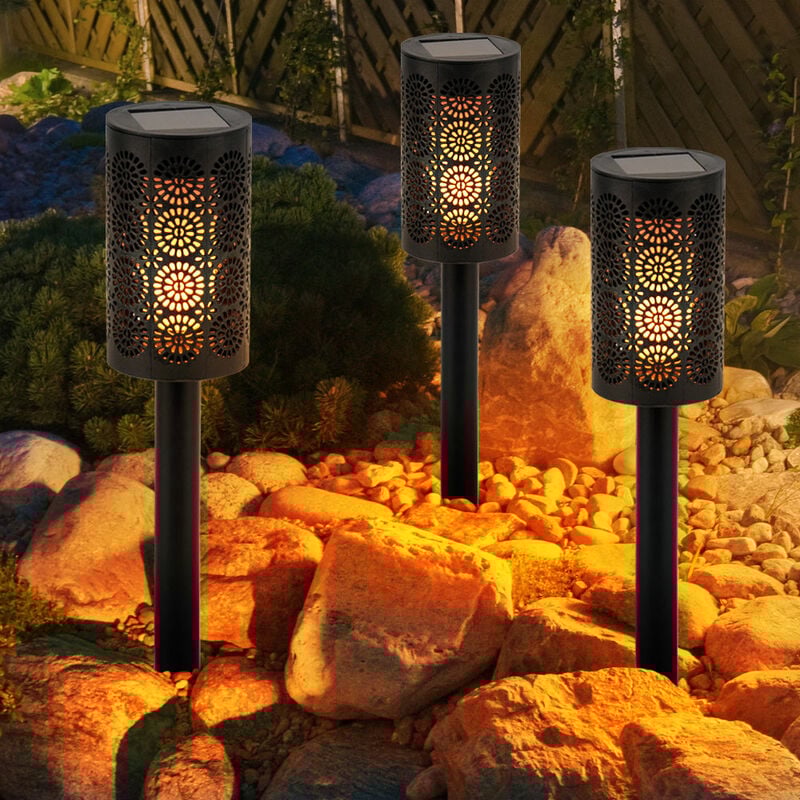 Lampe solaire, lampe de jardin, lampe à brancher, torche avec perforations décoratives, lampe de terrasse, batterie rechargeable, effet feu, noir, 1x