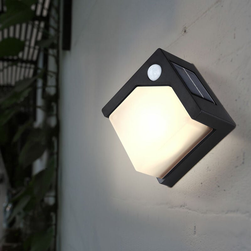 Lampe solaire lampe d'extérieur noire applique murale résistant aux intempéries, led détecteur mouvement, 8x led 16.5lm 3000K, LxlxH 6.3x13.5x13.5cm