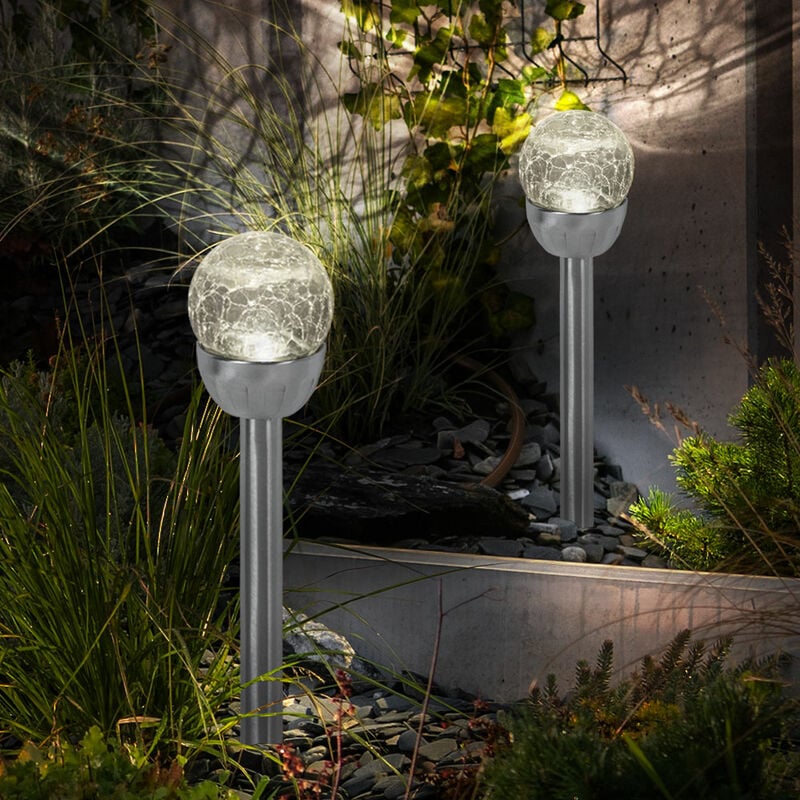 Lampe solaire d'extérieur Lampe boule, lampe enfichable en optique verre brisé, lampe de jardin, batterie intégrée, acier inoxydable, argent, led,