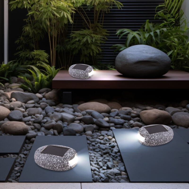Lampe solaire led d'extérieur, design en pierre, lampe de jardin, lampe de chemin, plastique gris, batterie IP44, l 8,5 cm, lot de 3
