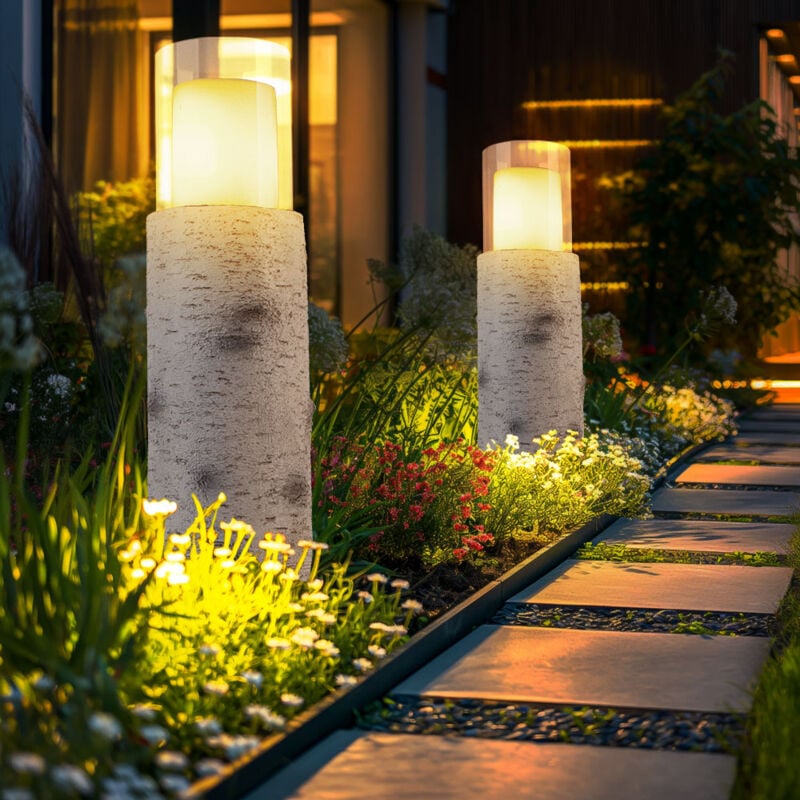 Lampe solaire led d'extérieur, lampe solaire de jardin, lampe de table, lampe de terrasse, aspect bois, verre plastique blanc, batterie incluse 6-8h,