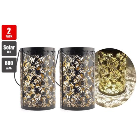 Lampe solaire LED d'extérieur pour jardin, lanterne solaire suspendue, style rétro, en métal ajouré noir étanche (lot de 2)