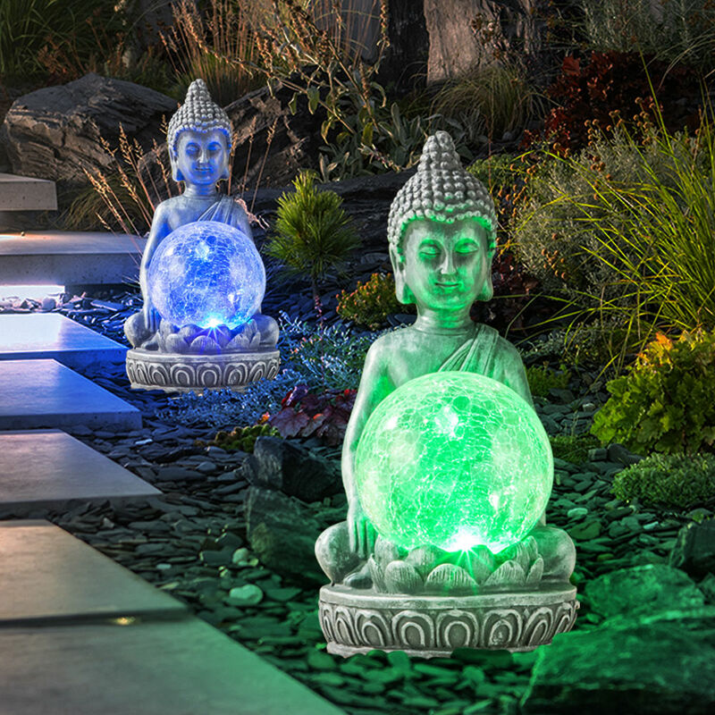 Lampe solaire led figure de Bouddha avec boule de verre craquelée décoration terrasse jardin, changement de couleur, 1x led blanc chaud, h 19,5 cm,