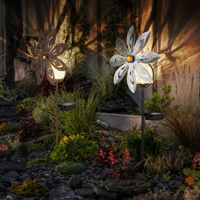 Lampe solaire LED Moulin à vent couleur rouille Décoration de jardin Lampe de terrasse argentée grise Lampe extérieure Piquet de terre, métal, verre