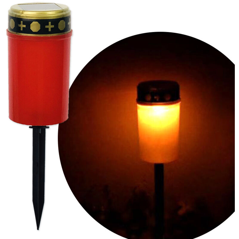 Lampe solaire LED pour tombe, bougie rouge étanche pour cimetière avec capteur de lumière, fixée à l'aide d'un piquet stable, 6,5 cm × 11,5 cm
