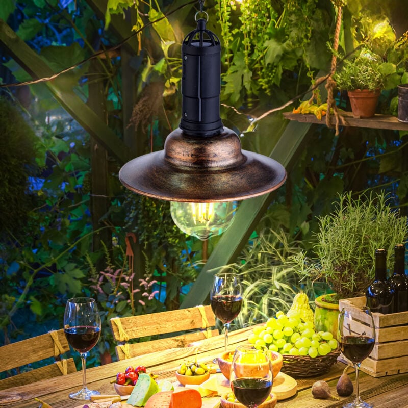 Lampe solaire led suspendue, lampe de balcon, lanterne d'extérieur industrielle, métal foncé, verre transparent, DxH 15,5x50 cm