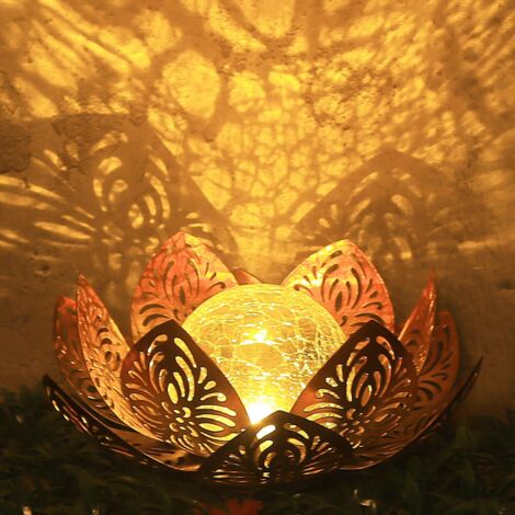 Lampe solaire lotus décorative pour jardin – Lumière ambre douce – Étanchéité IP65 – Autonomie 8h – Boule en verre craquelé