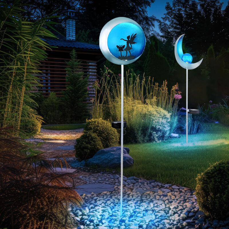 Lampe solaire lune lampe d'extérieur prise de jardin lampe solaire fée lumineuse enfichable, métal bleu argent, batterie blanc chaud, ampoule LED, H