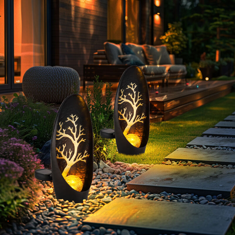 Lampe solaire motif arbre lampadaire lampe solaire noir décoration de jardin solaire, batterie IP44 métal, 1x led, LxlxH 14x7x30cm, lot de 2