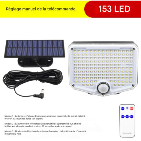 lampe solaire murale exterieure detecteur de mouvement 153 led avec telecommande etanche pour jardin garage maison