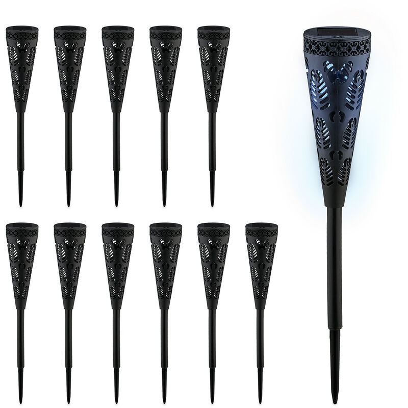 Lampe solaire pour extérieur, set de 12, originale, ressemble à une torche, avec piquet, hd : 41x7 cm, noire - Relaxdays