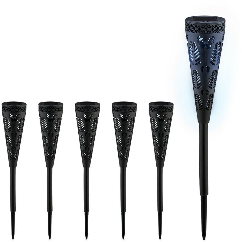 Lampe solaire pour extérieur, set de 6, originale, ressemble à une torche, avec piquet, hd : 41x7 cm, noire - Relaxdays