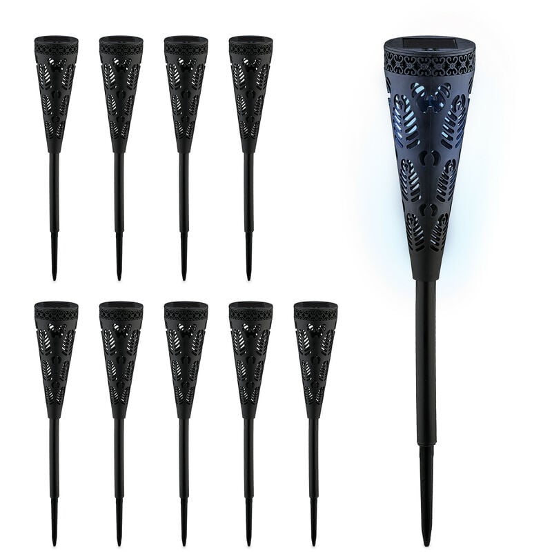 Lampe solaire pour extérieur, set de 10, originale, ressemble à une torche, avec piquet, hd : 41x7 cm, noire - Relaxdays