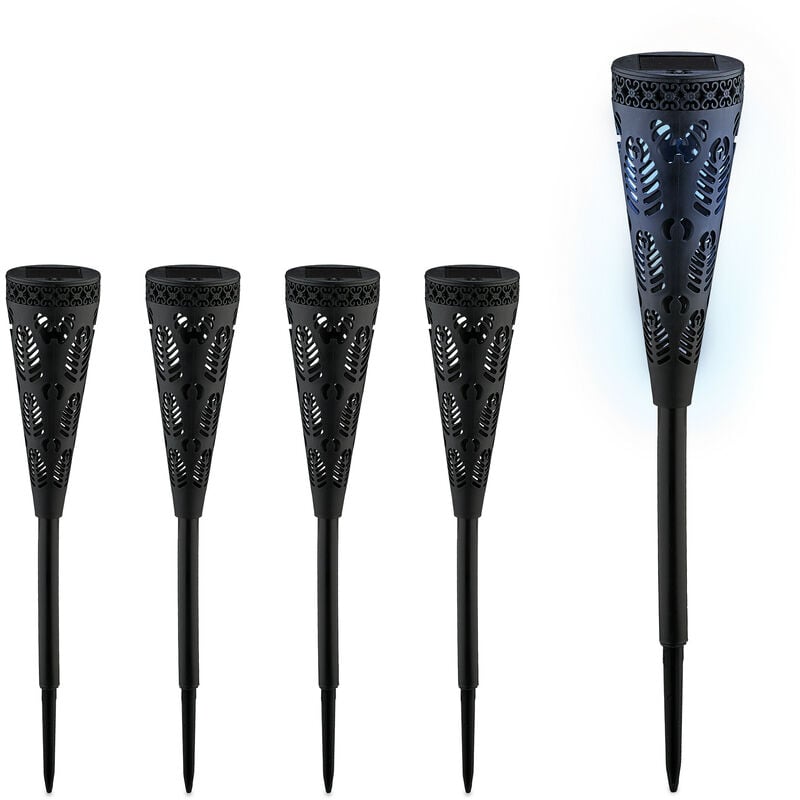 Relaxdays Lampe solaire pour extérieur, set de 5, originale, ressemble à une torche, avec piquet, HD : 41x7 cm, noire