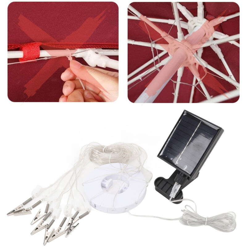 Lampe Solaire pour Parapluie avec Clip Chargement usb Télécommande Lampe Décorative 104LED pour Plage Tente Camping Fête,DUBUNS