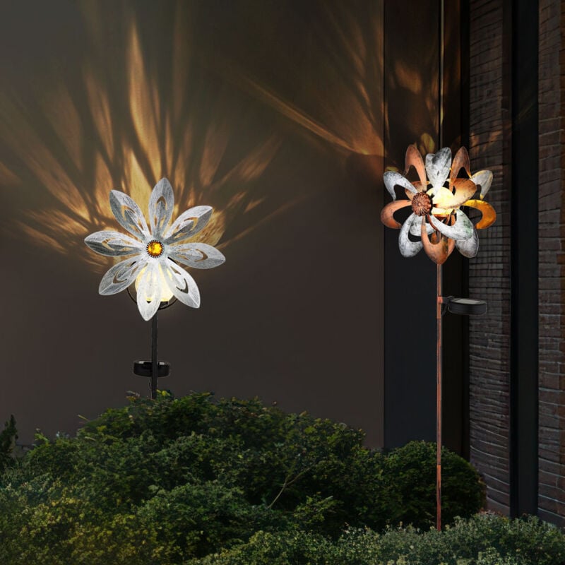 Lampe solaire Roue à vent Lampe solaire Piquet de terre Décoration de jardin Fiche de jardin solaire or argent, métal, led blanc chaud, set de 2