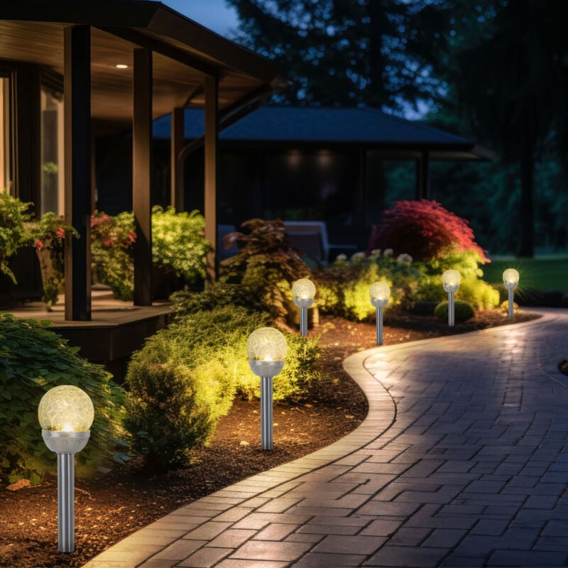 Lampe solaire sur piquet, lampe d'extérieur, boule de verre, lampe de jardin, lampe à brancher, plastique argenté, acier inoxydable, batterie, LED