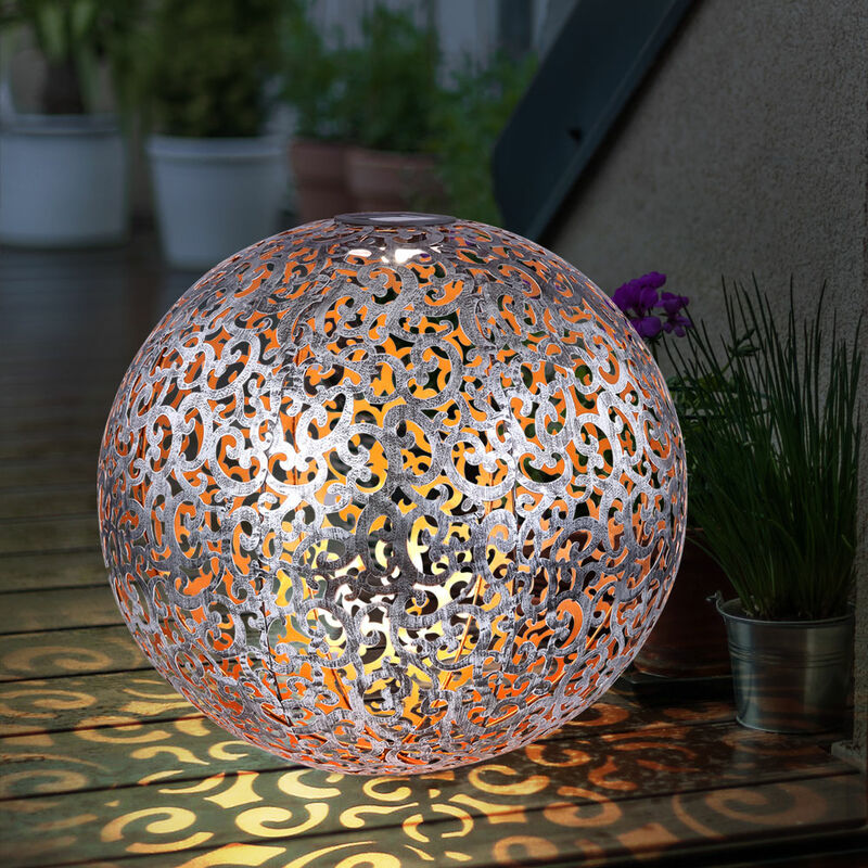 Lampe solaire vent lumière boule de jardin solaire oriental, lampe à brancher LED IP44, pointe de terre, motif en métal gris argent antique, 1x LED