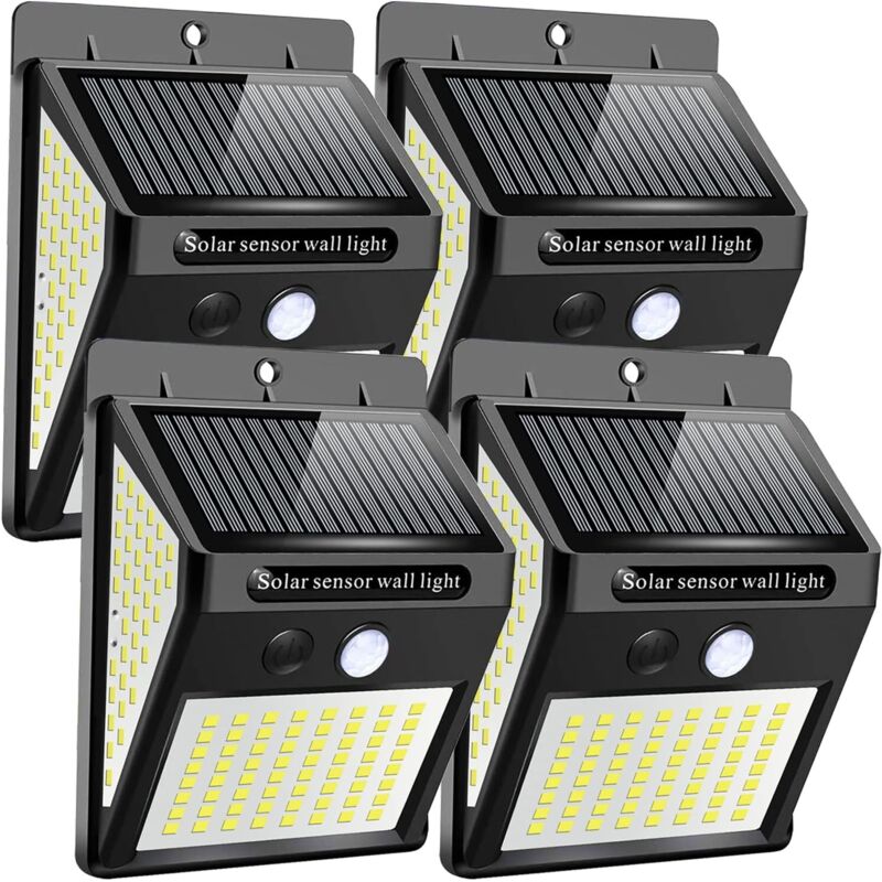 Lampe solaire,Lot de 4 144LED Lampe Solaire Exterieur Detecteur de Mouvement, 3000K Lumiere Solaire Exterieur 3 Modes 180°Eclairage Exterieur Solaire