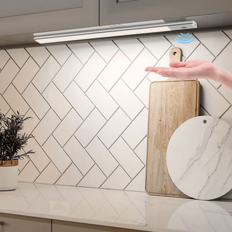 Lampe Sous Meuble Cuisine avec Capteur, 40 cm Lumiere Placard 2 en 1 Rechargeable et Alimenté par USB 5V DC Reglette LED Sous Étagère Sans Fil à Pile